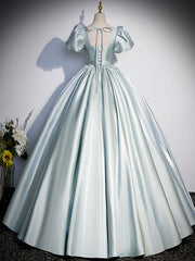 A-Line Blue Satin Long Prom Dresses, Blue Long Formal Dresses