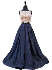 A-Line Blue Satin Two Piece Beading Bodice Evening Dresses