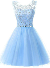 A-Line Blue Tulle Beading Backless Homecoming Dresses