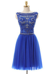 A-Line Blue Tulle Crystal Beading Backless Homecoming Dresses