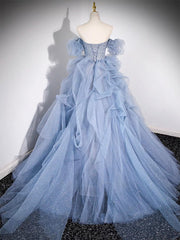 A-line Blue Tulle Long Prom Dresses, Blue Long Evening Dresses