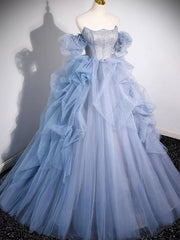 A-line Blue Tulle Long Prom Dresses, Blue Long Evening Dresses