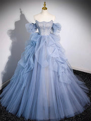 A-line Blue Tulle Long Prom Dresses, Blue Long Evening Dresses