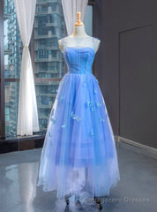 A-Line Blue Tulle Sleeveless Butterfly Backless Beading Prom Dress