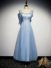 A-Line Blue Tulle Straps Ankle Length Prom Dresses