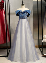 A-Line Blue Tulle Velvet Off the Shoulder Beading Prom Dresses