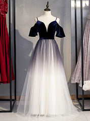 A-Line Blue Velvet Tulle Spagehtti Straps Long Prom Dresses