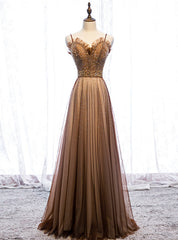 A-Line Brown Tulle Spagehtti Straps Beading Sequins Prom Dresses