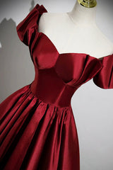 A-Line Burgundy Satin Floor Length Prom Dresses, Off the Shoulder New Party Dresses