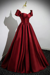 A-Line Burgundy Satin Floor Length Prom Dresses, Off the Shoulder New Party Dresses