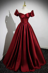 A-Line Burgundy Satin Floor Length Prom Dresses, Off the Shoulder New Party Dresses