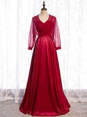 A-Line Burgundy Satin Long Sleeve V-neck Prom Dresses