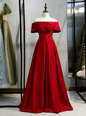 A-Line Burgundy Satin Off the Shoulder Beading Prom Dresses