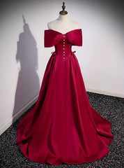 A-Line Burgundy Satin Off the Shoulder Pearls Prom Dresses