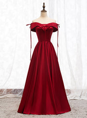 A-Line Burgundy Satin Off the Shoulder Prom Dresses