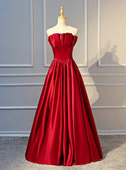 A-Line Burgundy Satin Strapless Pleats Long Prom Dresses