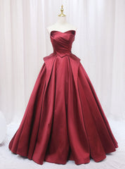 A-Line Burgundy Satin Strapless Pleats Prom Dresses