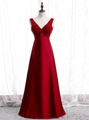 A-Line Burgundy Satin V-neck Beading Prom Dresses