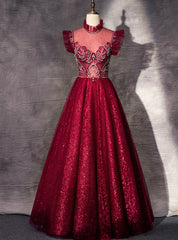 A-Line Burgundy Sequins High Neck Beading Crystal Prom Dresses