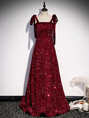 A-Line Burgundy Sequins Straps Prom Dresses