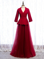 A-Line Burgundy Tulle 3/4 Sleeve V-neck Prom Dresses