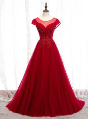 A-Line Burgundy Tulle Cap SLeeve Backless Prom Dresses