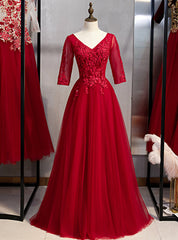 A-Line Burgundy Tulle Lace Appliques Short Sleeve Prom Dresses