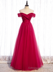 A-Line Burgundy Tulle Off the Shoulder Beading Sequins Prom Dress