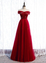 A-Line Burgundy Tulle Off the Shoulder Sequins Prom Dresses