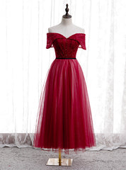 A-Line Burgundy Tulle Off the Shoulder Tea Length Prom Dresses