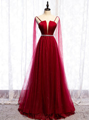 A-Line Burgundy Tulle Saghetti Straps Beading Prom Dresses