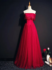 A-Line Burgundy Tulle Strapless Beading Prom Dresses