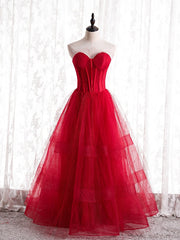 A-Line Burgundy Tulle Sweetheart Prom Dresses