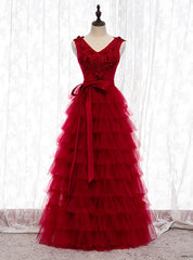 A-Line Burgundy Tulle Tiers Appliques Beading Prom Dresses