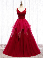 A-Line Burgundy Tulle V-neck Backless Beading Prom Dresses