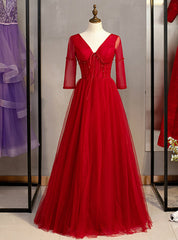 A-Line Burgundy Tulle V-neck Short Sleeve Beading Prom Dresses