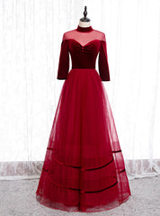 A-Line Burgundy Tulle Velvet High Neck Long Sleeve Prom Dresses