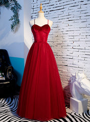 A-Line Burgundy Tulle Velvet Spaghetti Straps Prom Dresses