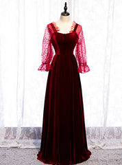 A-Line Burgundy Velvet Long Sleeve Backless Prom Dresses