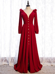 A-Line Burgundy Velvet Long Sleeve Prom Dresses With Split