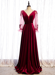 A-Line Burgundy Velvet Long Sleeve V-neck Prom Dresses