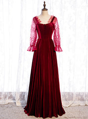 A-Line Burgundy Velvet Square Long Sleeve Wave Point Prom Dresses