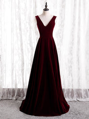 A-Line Burgundy Velvet V-neck Backless Prom Dresses