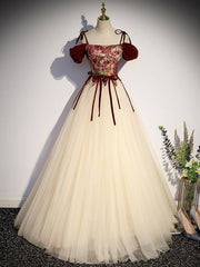 A line Champagne Long Prom Dresses, Champagne Formal Gown With Beading Velvet