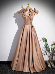 A-line Champagne Satin Bow Prom Dresses