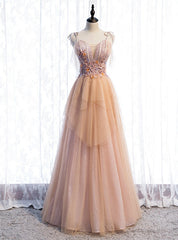 A-Line Champagne Tulle Spaghetti Straps Beading Prom Dresses