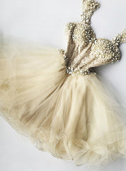 A-Line Champagne Tulle Straps Short Homecoming Dresses