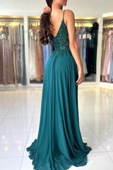 A-Line Chiffon Beaded Long Prom Dresses, Dark Green Spaghetti Strap Evening Dresses