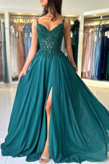 A-Line Chiffon Beaded Long Prom Dresses, Dark Green Spaghetti Strap Evening Dresses