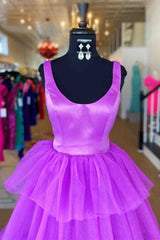 A-Line Crew Neck Lilac Tiered Tulle Long Formal Dresses